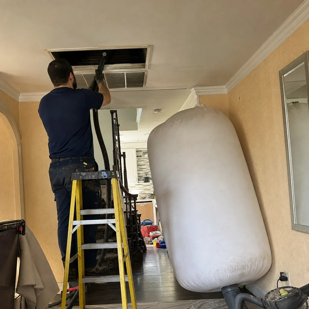 Technician performing professional residential air duct cleaning service