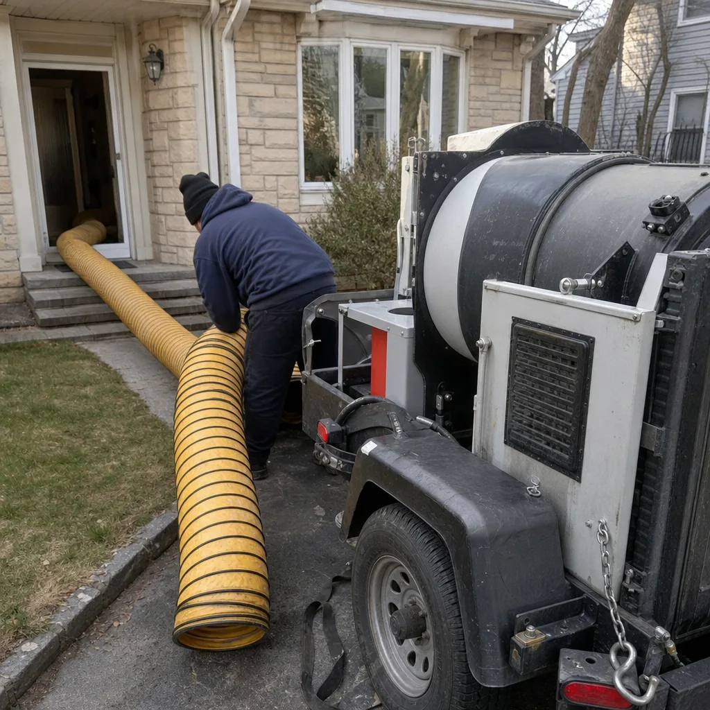 Technician using professional air duct cleaning equipment with yellow ventilation hose