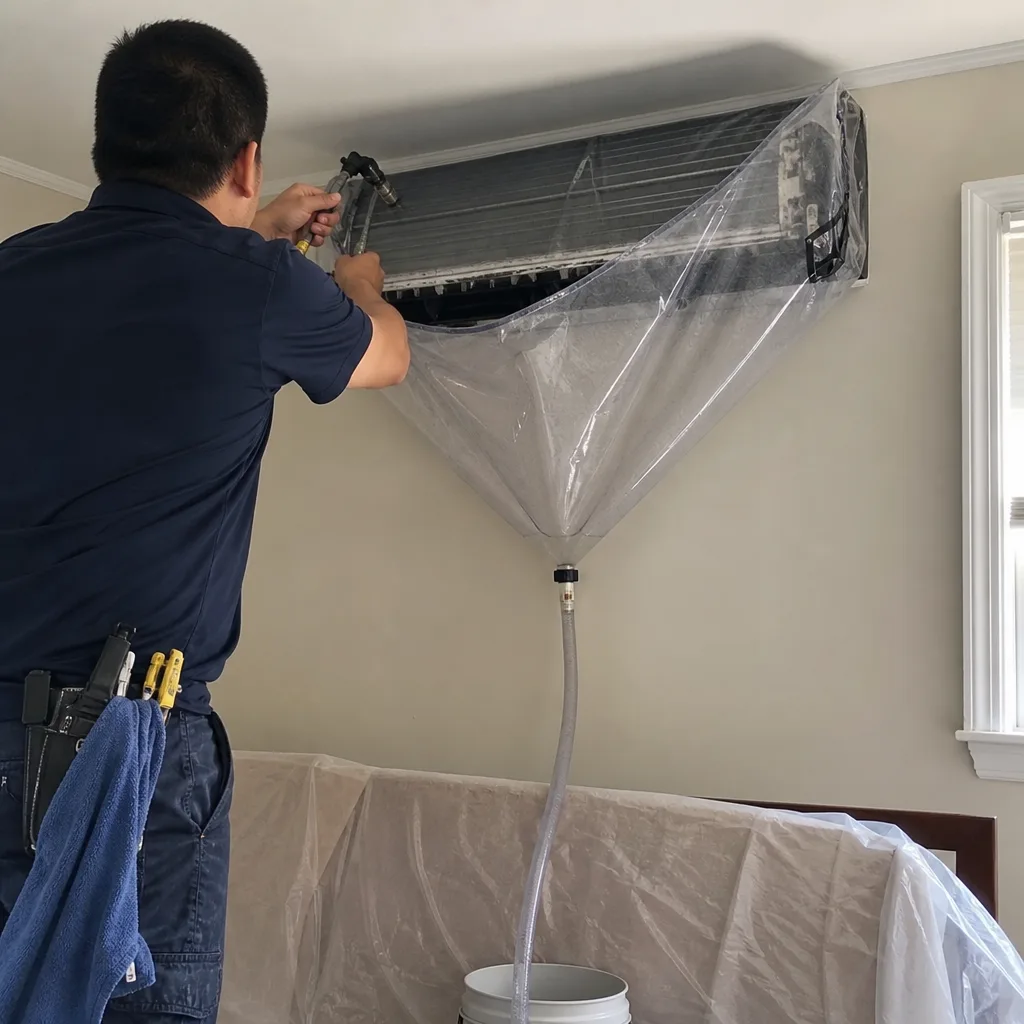Technician performing professional residential mini-split air conditioning system cleaning