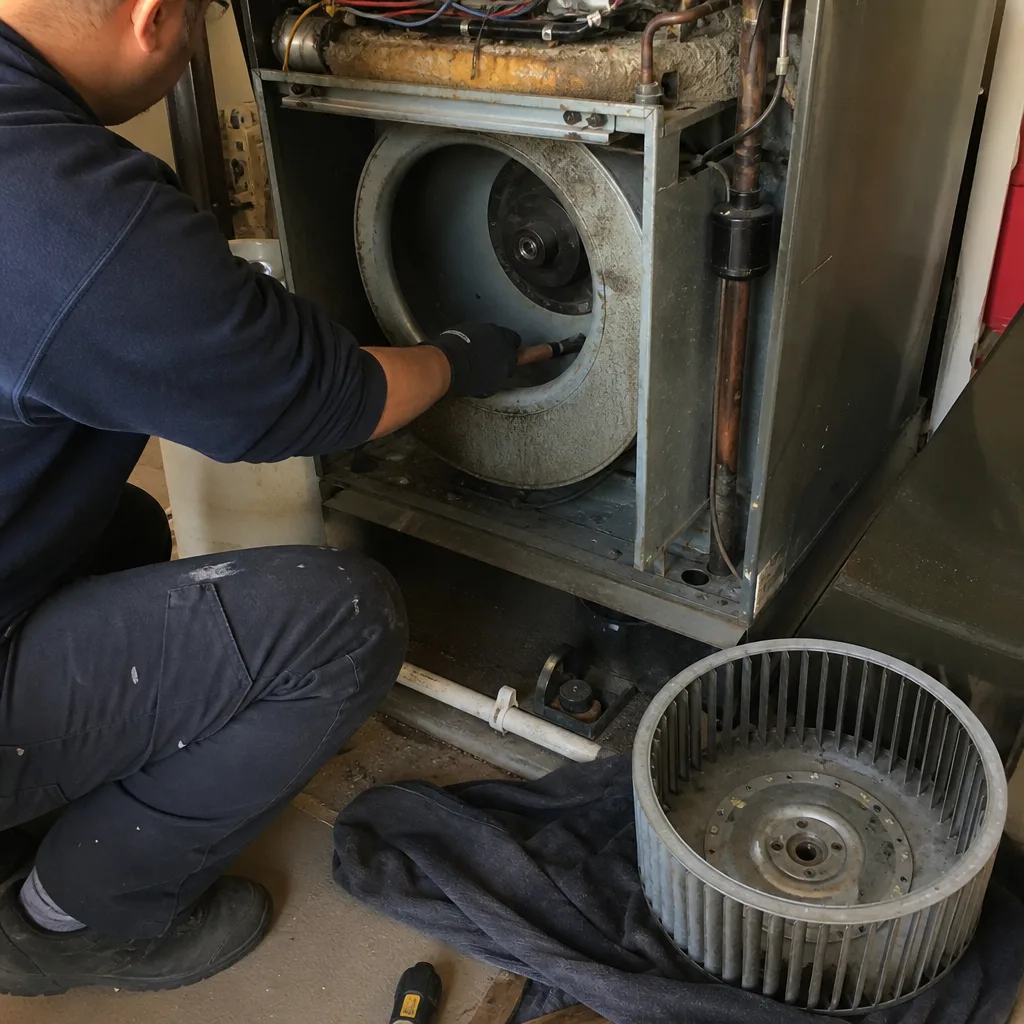 Technician performing professional HVAC furnace blower maintenance and cleaning