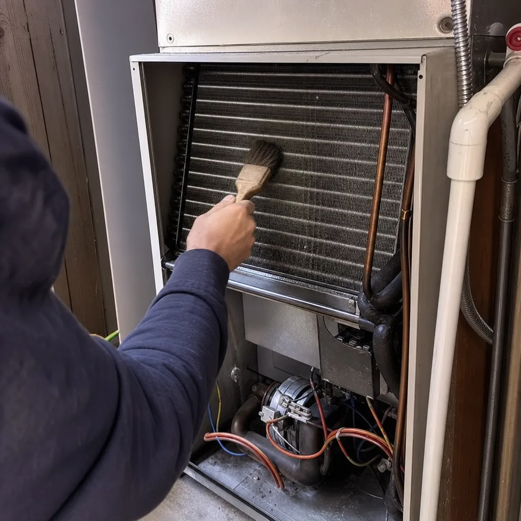 Technician performing professional HVAC coil cleaning and maintenance
